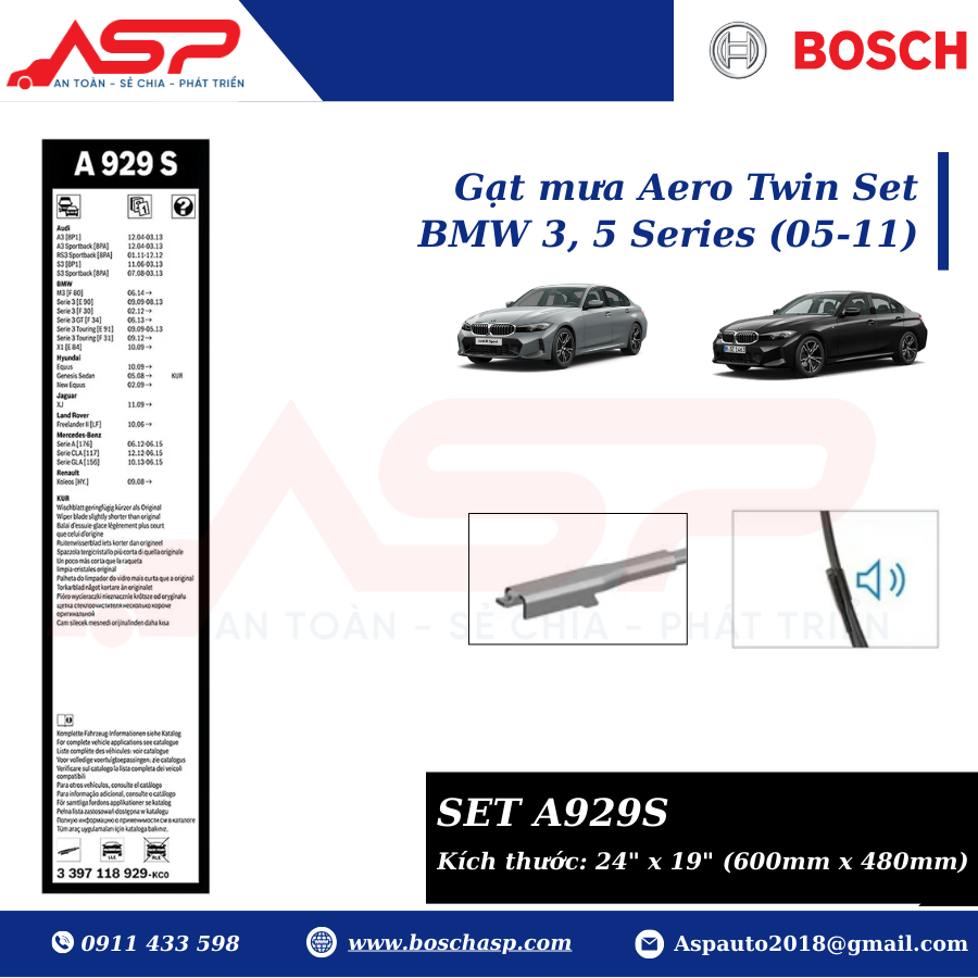 Gạt Mưa Bosch A929S Dòng Aerotwin Set cho BMW 320i - Ảnh 8