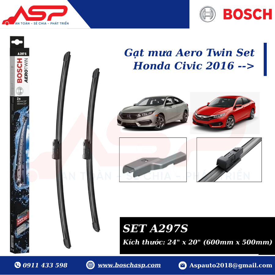 Gạt mưa Honda Civic 2016 --> Bosch Set A297S