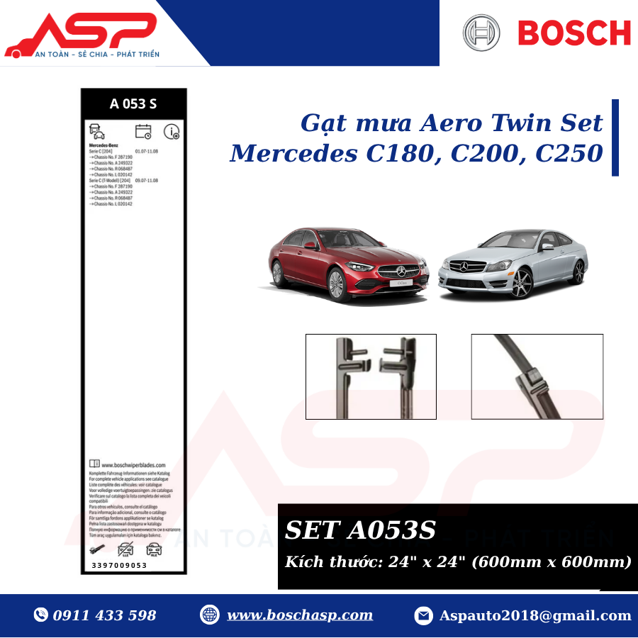Gạt mưa BOSCH A053S (3397009053) Chuyên Mercedes C180, C200, C250 - Ảnh 2