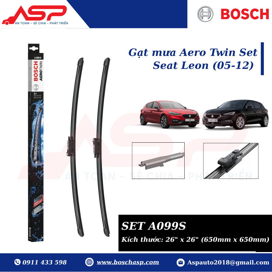 Gạt mưa BOSCH A099S (3397007099) Chuyên Seat Leon (05-12)