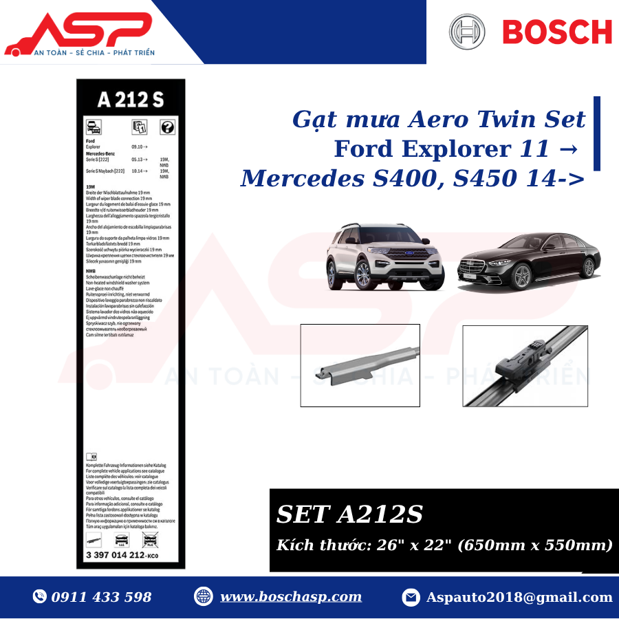 Gạt mưa BOSCH A212S (3397014212) Chuyên Ford Explorer, Mer S400, S450 - Ảnh 2