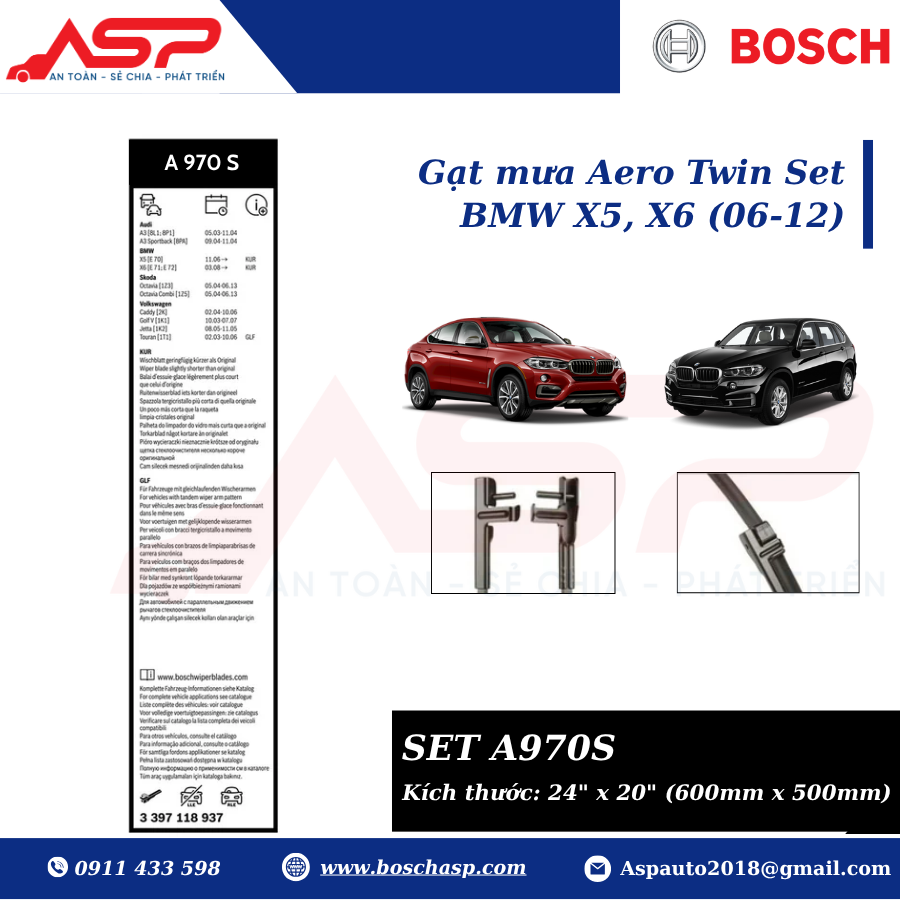 Gạt mưa BOSCH A970S (3397118970) Chuyên Dùng BMW X5, X6 (06 - 12) - Ảnh 2