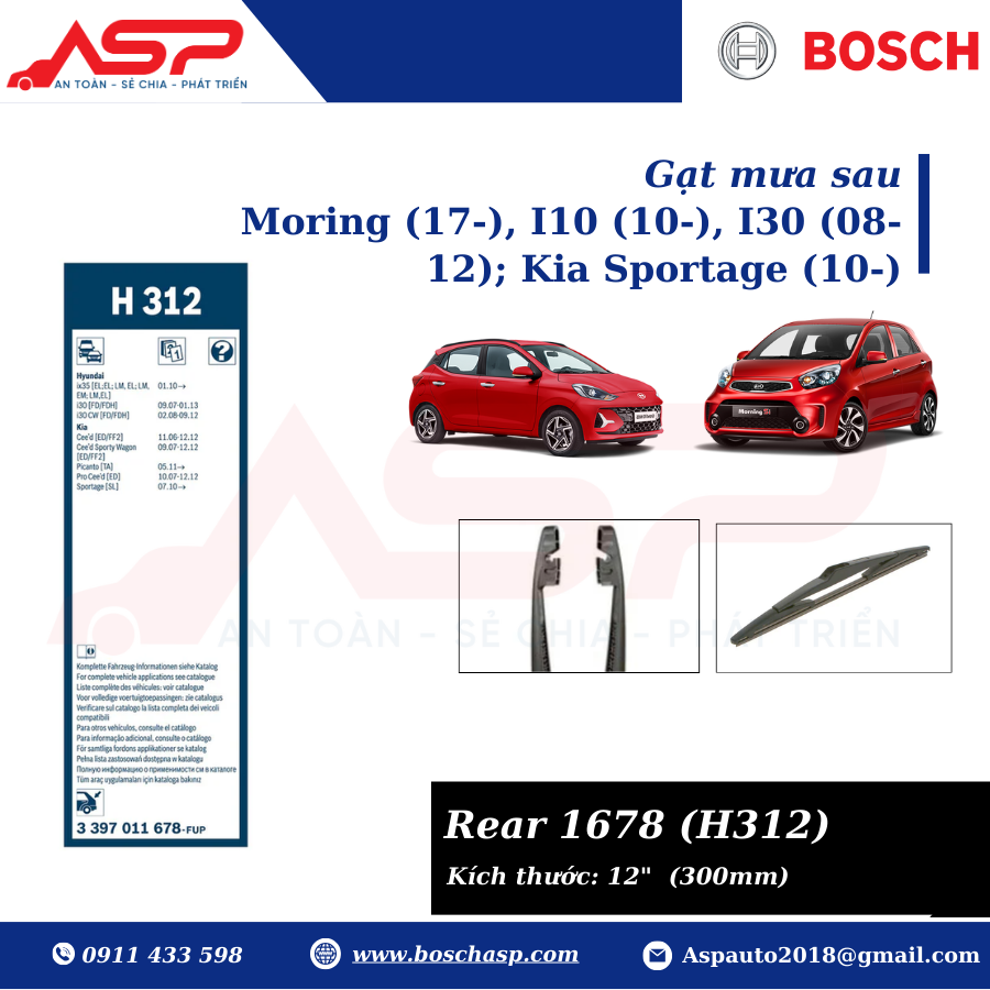 Gạt mưa sau BOSCH H312 kích thước 12" (3397011678) - Kia Morning, i10, i30, Sportage - Ảnh 2
