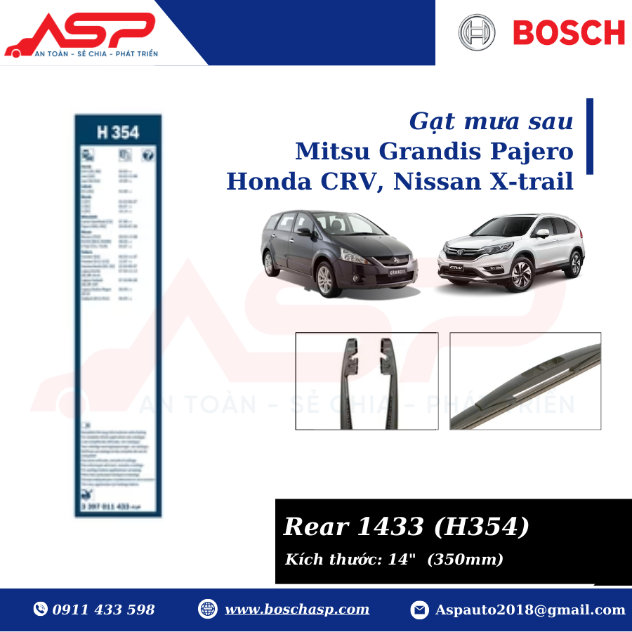 Gạt mưa sau BOSCH H354 kích thước 14" (3397011433) - Mitsubishi Pajero, Honda CRV, Nissan X-trail - Ảnh 3