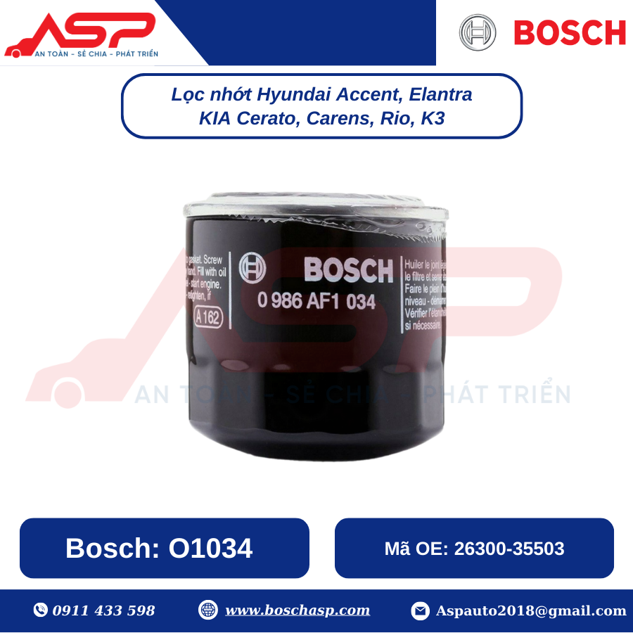 Lọc Nhớt BOSCH O1034 Cho Hyundai Accent, Elantra. Kia Cerato, Carens, Rio, K3 - Ảnh 2