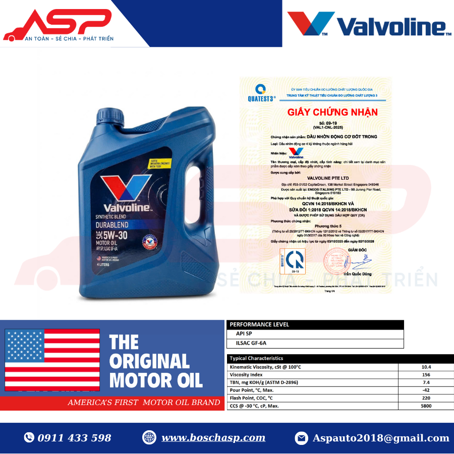 VALVOLINE DURABLEND SAE 5W-30 API SP; ILSAC GF-6A- 4L (SYNTHETIC) - Ảnh 2
