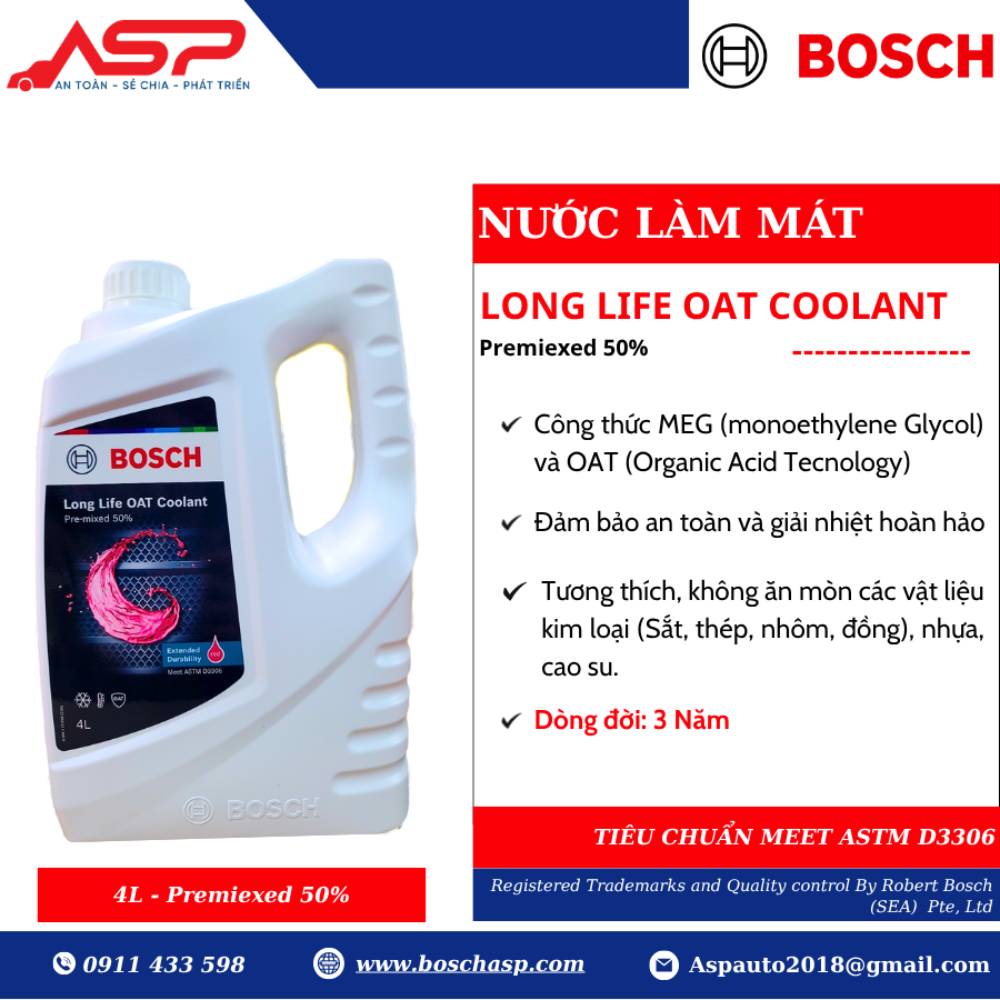 Nước Làm Mát Bosch Đỏ Long Life OAT Coolant Premix 50%